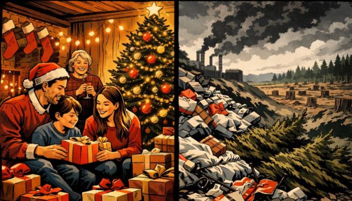 The environmental impact of Christmas shown through waste, deforestation, plastic packaging, and discarded festive trees.