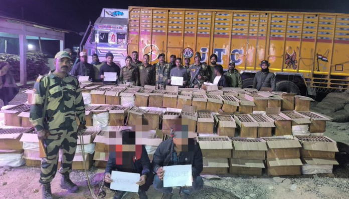 BSF seized a massive consignment of Phensedyl bottles in Sribhumi.