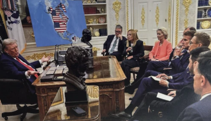 Trump presents a new map showing Greenland, Canada and Venezuela as US territory.