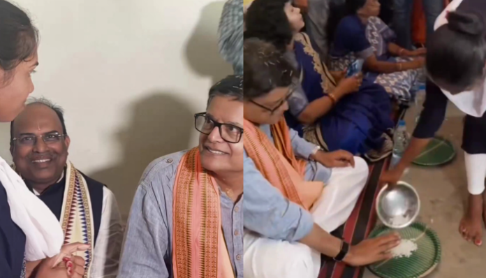 MP Baijayant Panda eats meal prepared by Dalit cook in the anganwadi.