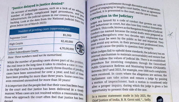 NCERT's new Class 8 textbook cites "massive backlog" and "corruption in judiciary" as challenges.