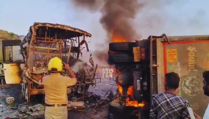 Bus collides with gravel-loaded lorry, 13 dead on spot, several injured in Andhra Pradesh