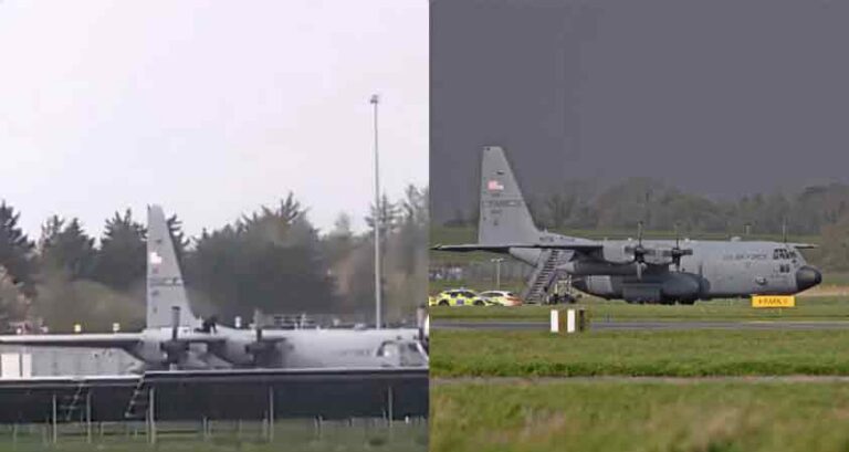 Man climbs onto a US Air Force C-130 Hercules military aircraft at Shannon Airport in Ireland and causes extensive damage by hitting it with a hatchet, arrested