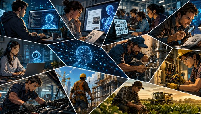 Workers use AI tools while human judgment, skills and physical labour remain central.