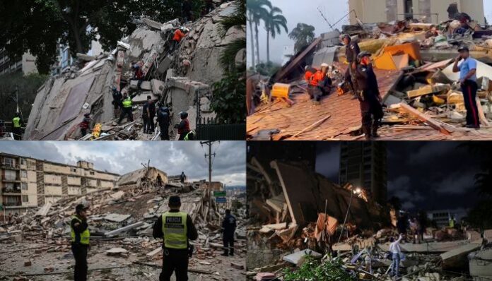 Twin earthquakes devastate Caracas and La Guaira as rescuers search collapsed buildings for survivors.