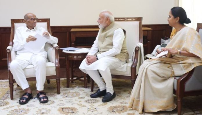 Sharad Pawar and Supriya Sule met Prime Minister Narendra Modi at the PMO on Wednesday, 22nd July, where Pawar submitted a memorandum on farmers' and irrigation issues.
