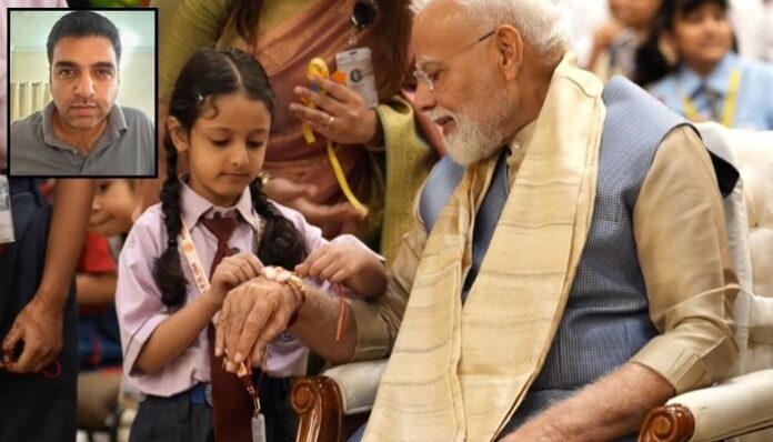 Pandhi shared a cropped clip and suggested the child was uncomfortable. However, the full video shows the child tying a Rakhi, speaking with PM Modi and initiating a respectful handshake.
