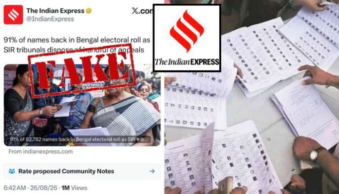 The Indian Express changed its headline on a Bengal SIR report after social media users criticised its original wording, which said “91% of names” were back on the electoral roll.