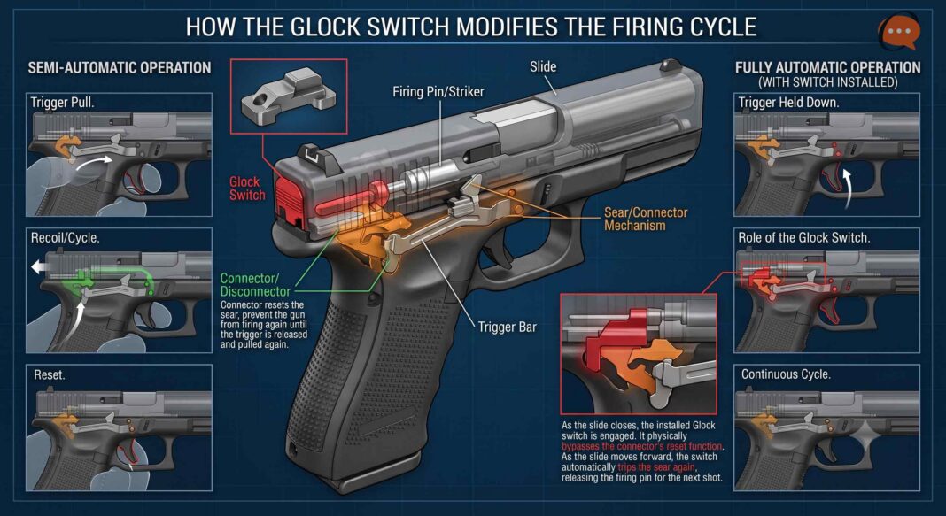 Diagram showing how Glock Swtich converts semi-automatic guns to full-automatic weapons