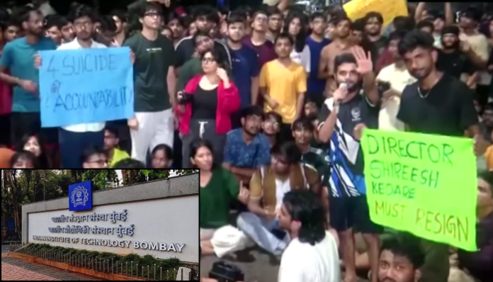 Students at IIT Bombay protest after a student died by suicide.
