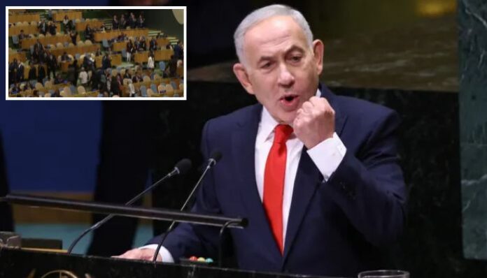 Dozens of delegations walked out as Benjamin Netanyahu began his address at the UN General Assembly.