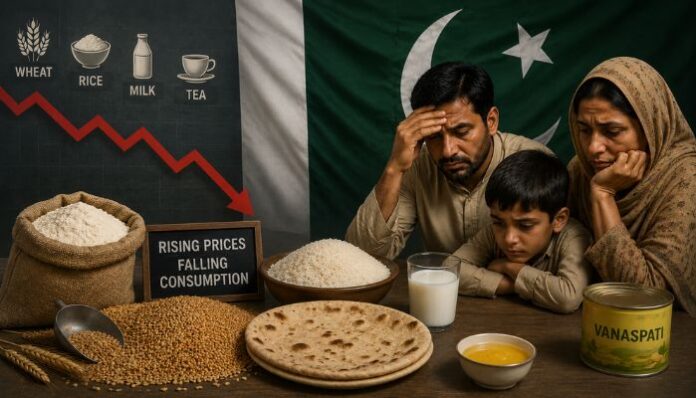 Pakistan’s worsening food crisis is changing what families eat, with consumption of meat, milk, rice, wheat and tea falling over six years.