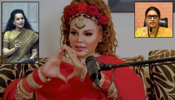In a recent episode of the podcast MK Talks, hosted by Mohsin Khan, Rakhi made vulgar comments about Kangana and Smriti while talking about their political rise and their association with PM Modi.