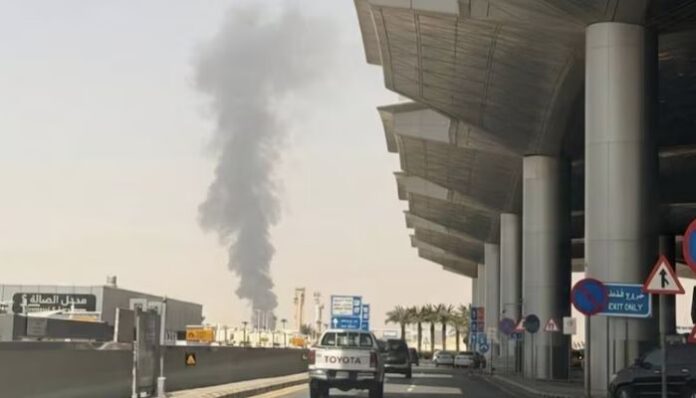 Flames and a large plume of black smoke were seen by residents in Saudi Arabia’s capital, Riyadh, near the city’s international airport on Saturday.