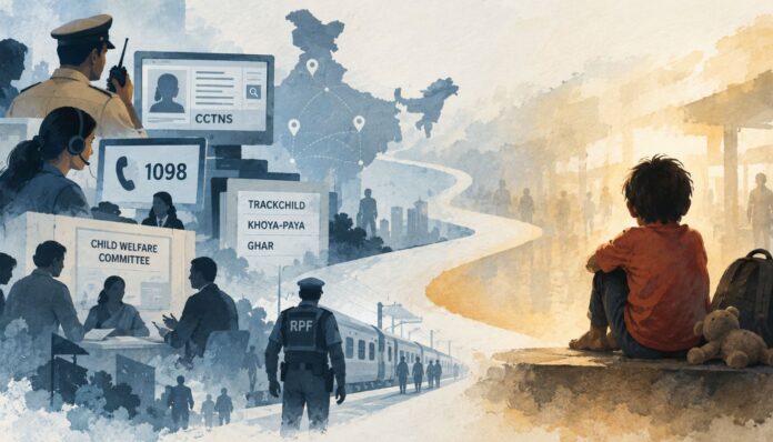 India’s missing-child network links police, digital databases, railway rescues and child-protection agencies to trace children.