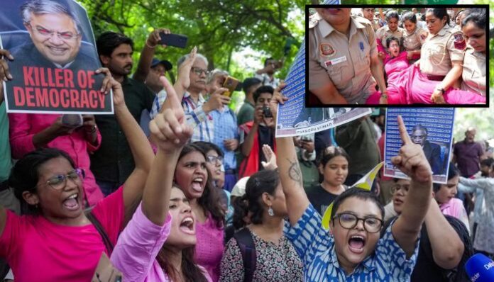 Delhi Police detained over 700 protesters during a Jantar Mantar demonstration against Chief Election Commissioner Gyanesh Kumar.