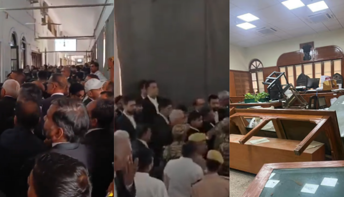 Lawyers threw furniture inside courtroom in Allahabad High Court.