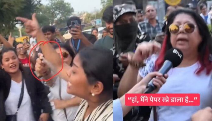 A viral video from a CJP protest in Delhi appears to show a woman spraying pepper spray at political vlogger Chandra Mouleswari during a heated exchange over “vote chori” allegations.